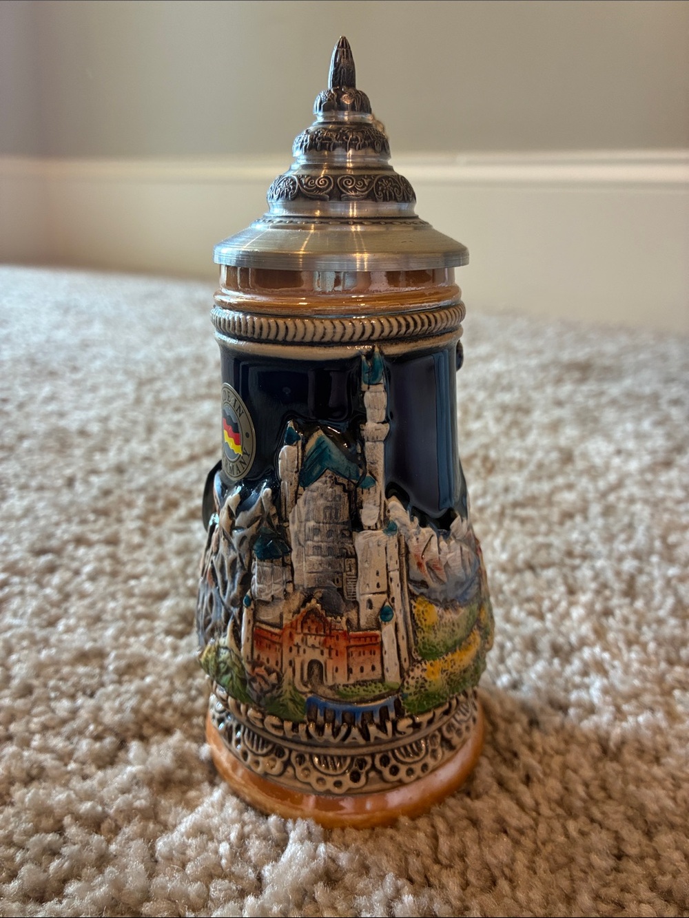 German Castle Ceramic Beer Stein with Pewter Lid - Blue Accent